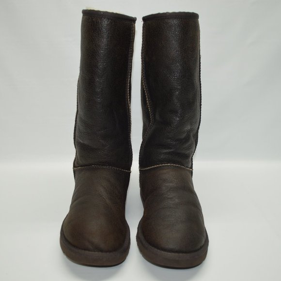 UGG Classic Tall Bomber Brown Leather Fur Lined - Picture 2 of 13